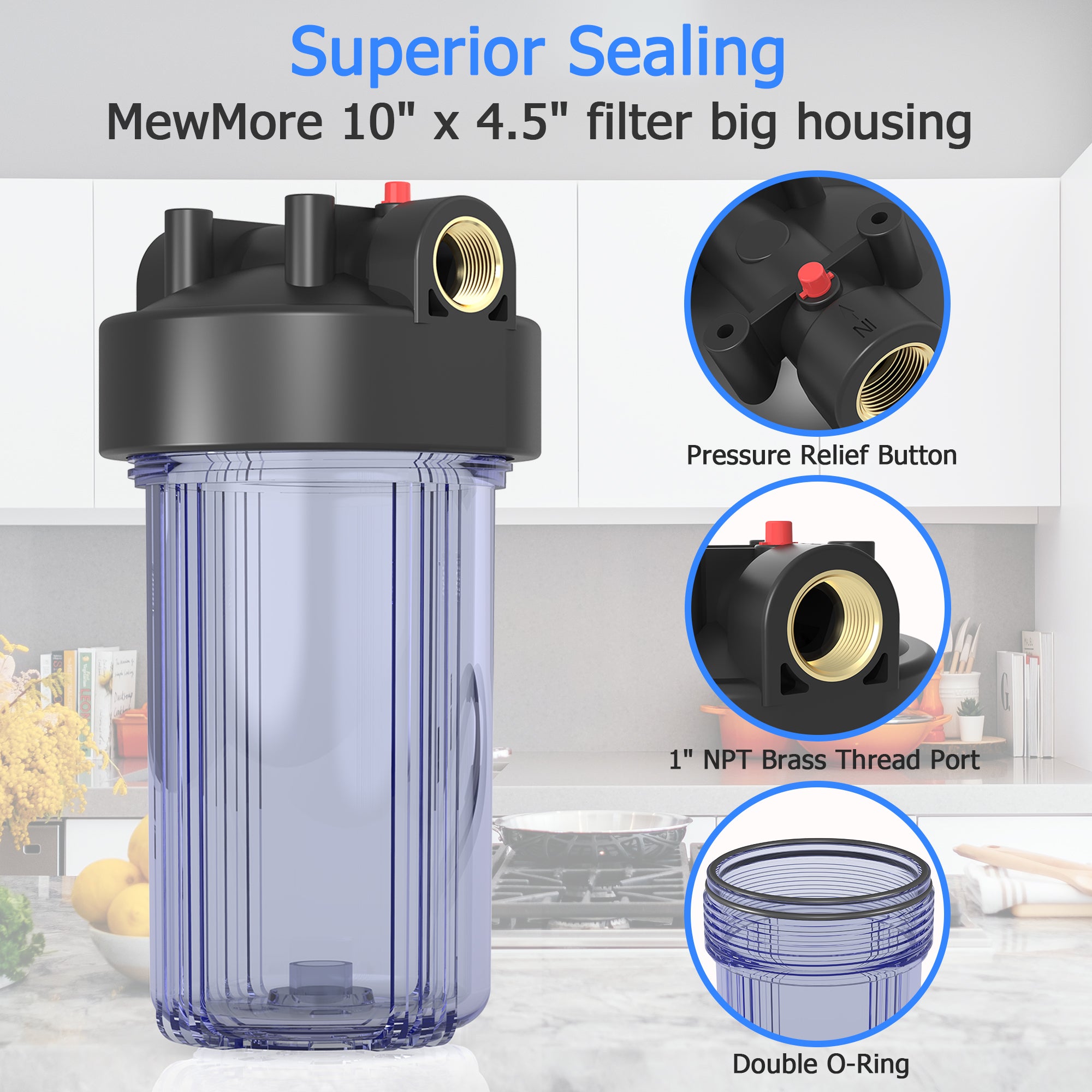 Purevua Whole House Water Filter Clear Housing, Fit 10"x4.5" Sediment etc Filters for Well and City Water, Big Filter Pre-Filtration System for Home, 1" NPT Port, Pressure Release