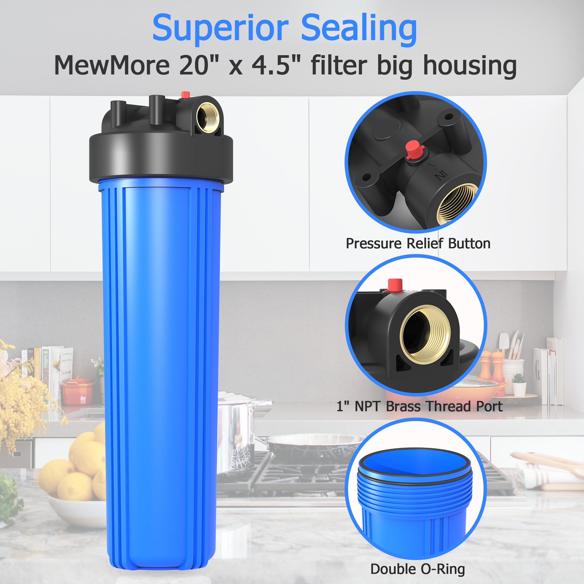 Purevua Whole House Water Filter Housing, Fit 20"x4.5" Sediment etc Filters for Well and City Water, Big Filter Blue Pre-Filtration System for Home, 1" NPT Port, Pressure Release