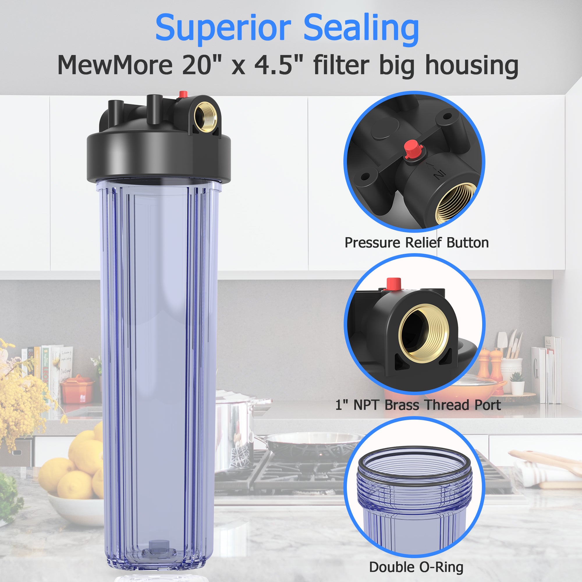 Purevua Whole House Water Filter Clear Housing, Fit 20"x4.5" Sediment etc Filters for Well and City Water, Big Filter Blue Pre-Filtration System for Home, 1" NPT Port, Pressure Release