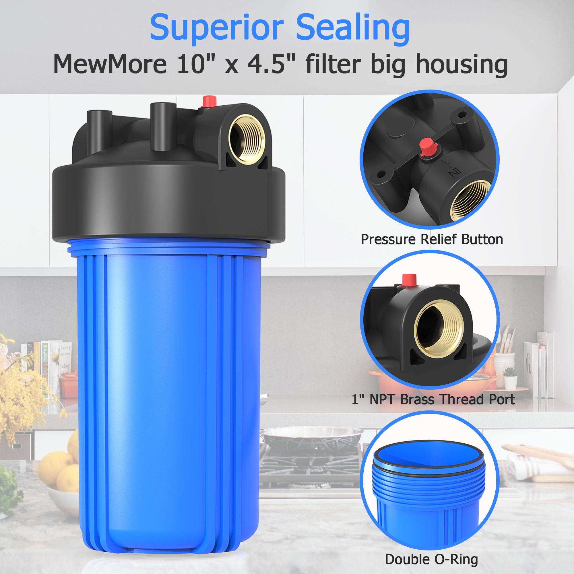 Purevua Whole House Water Filter Housing, Fit 10"x4.5" Sediment etc Filters for Well and City Water, Big Filter Blue Pre-Filtration System for Home, 1" NPT Port, Pressure Release